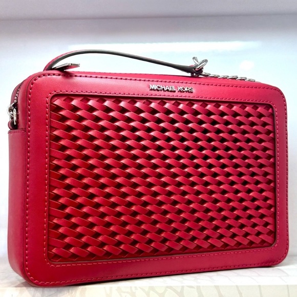 Michael Kors Jet Set Large Woven Crossbody Bag Dark Raspberry - Picture 1 of 9